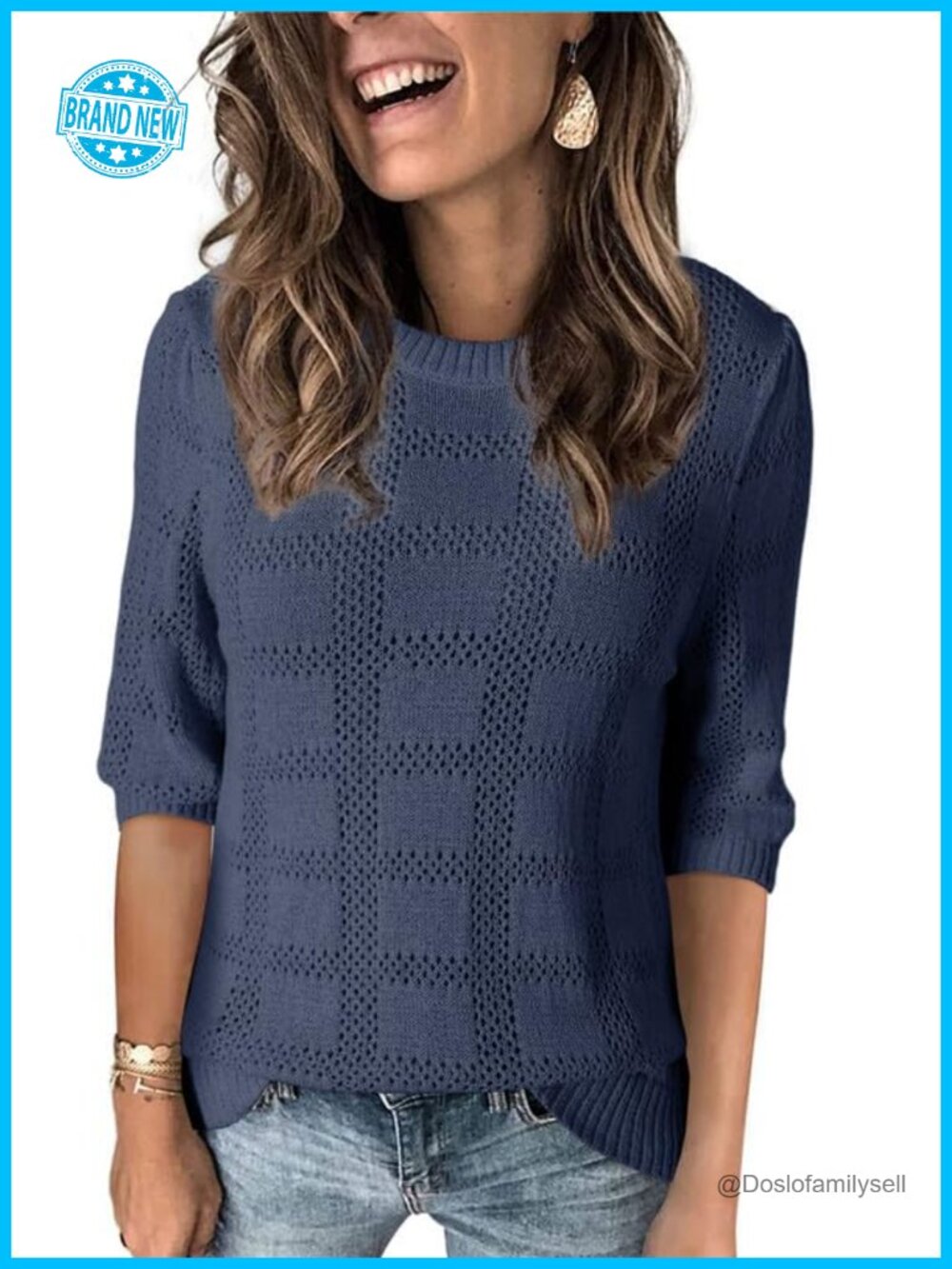 Women's Crochet Knit Tunic Top Half Sleeve Loose Fit Pullover Blouse